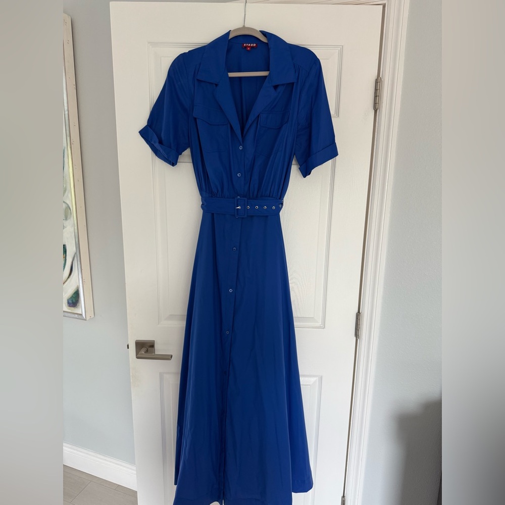 Staud Blue Buttoned Maxi Dress with Notched Collar